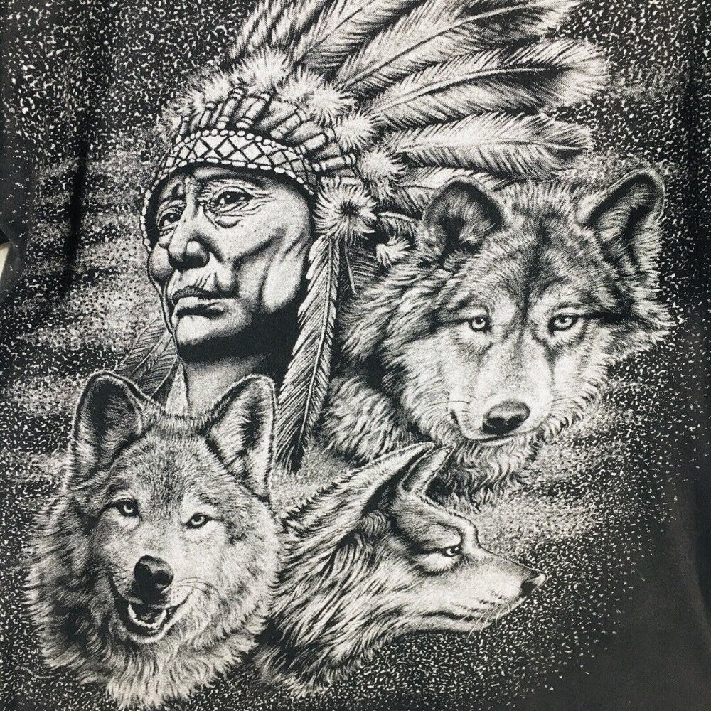Springhill Wholesale Shirt Mens Large Black Indian Warrior Wolf Single Stitch